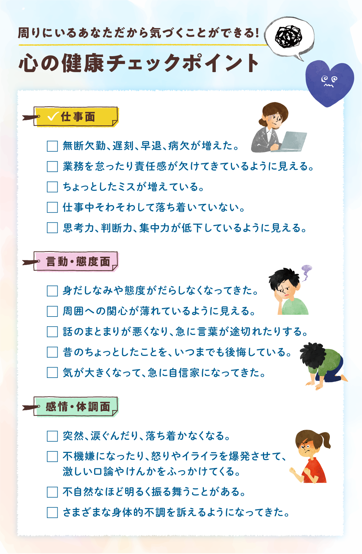 周りにいるあなただからきづくことができる心の健康チェックポイント 周りにいるあなただからきづくことができる心の健康チェックポイント
